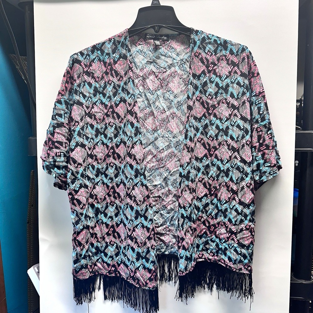 French Laundry Womens L Geometric Open Front Fringe Hem Kimono Cardigan